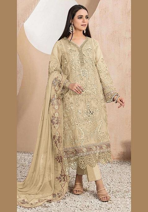 Cream Embroidered Faux Georgette Kurta Set