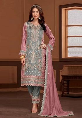 Grey Embroidered Silk Blend Kurta Set