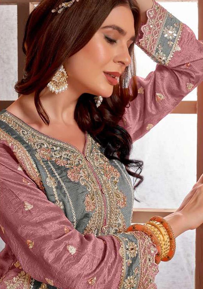 Grey Embroidered Silk Blend Kurta Set