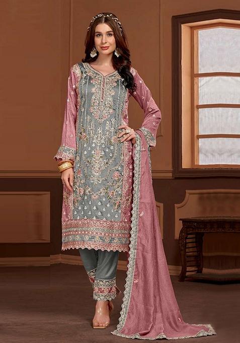 Grey Embroidered Silk Blend Kurta Set