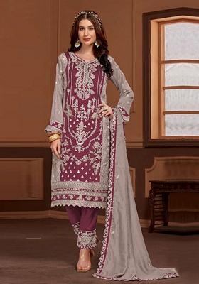 Purple Embroidered Silk Blend Kurta Set