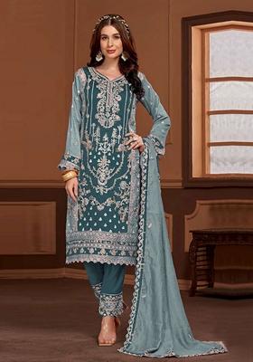 Navy Blue Embroidered Silk Blend Kurta Set