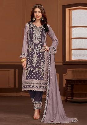 Lavender Embroidered Silk Blend Kurta Set