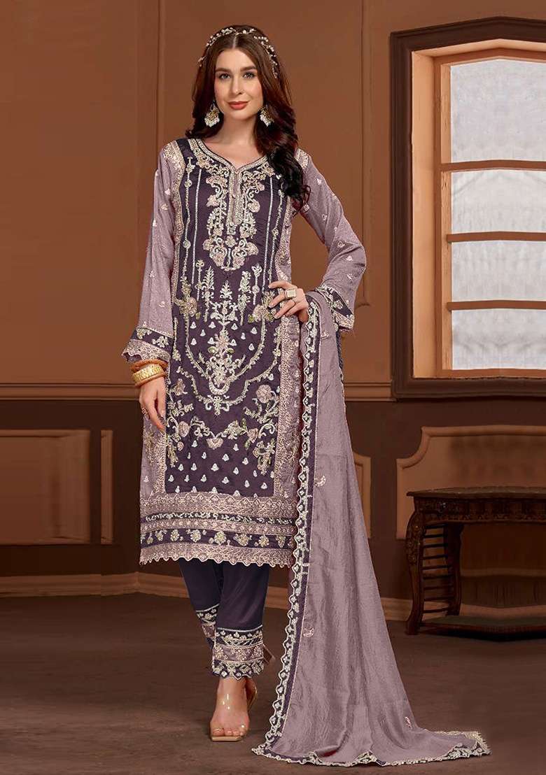Lavender Embroidered Silk Blend Kurta Set - Indya