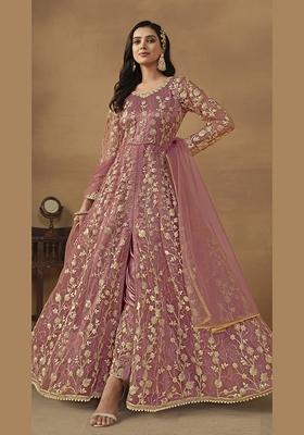 Pink Embroidered Pure Net Anarkali Kurta Set
