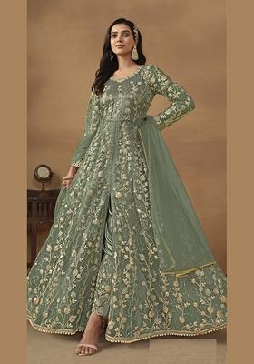 Light Green Embroidered Pure Net Anarkali Kurta Set