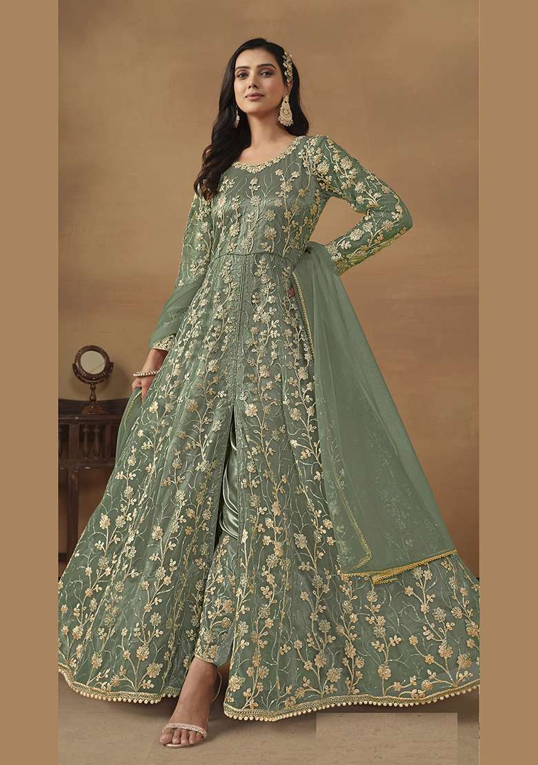 Light Green Embroidered Net Pakistani Suit Set - Indya