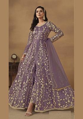 Purple Embroidered Pure Net Anarkali Kurta Set
