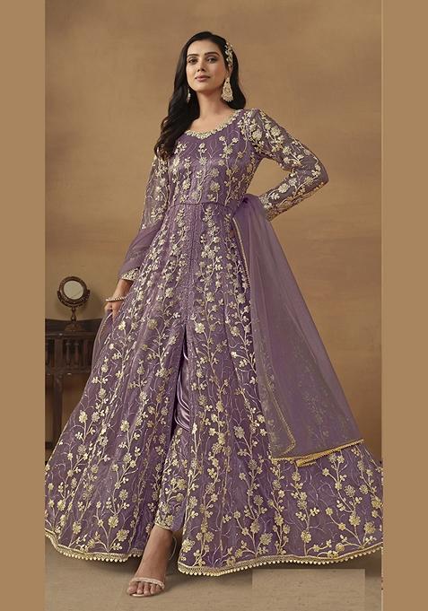 Purple Embroidered Pure Net Anarkali Kurta Set