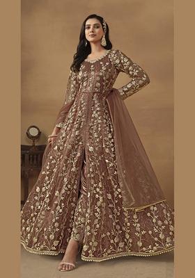 Brown Embroidered Pure Net Anarkali Kurta Set