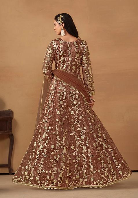 Brown Embroidered Pure Net Anarkali Kurta Set