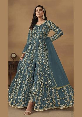 Dark Grey Embroidered Pure Net Anarkali Kurta Set