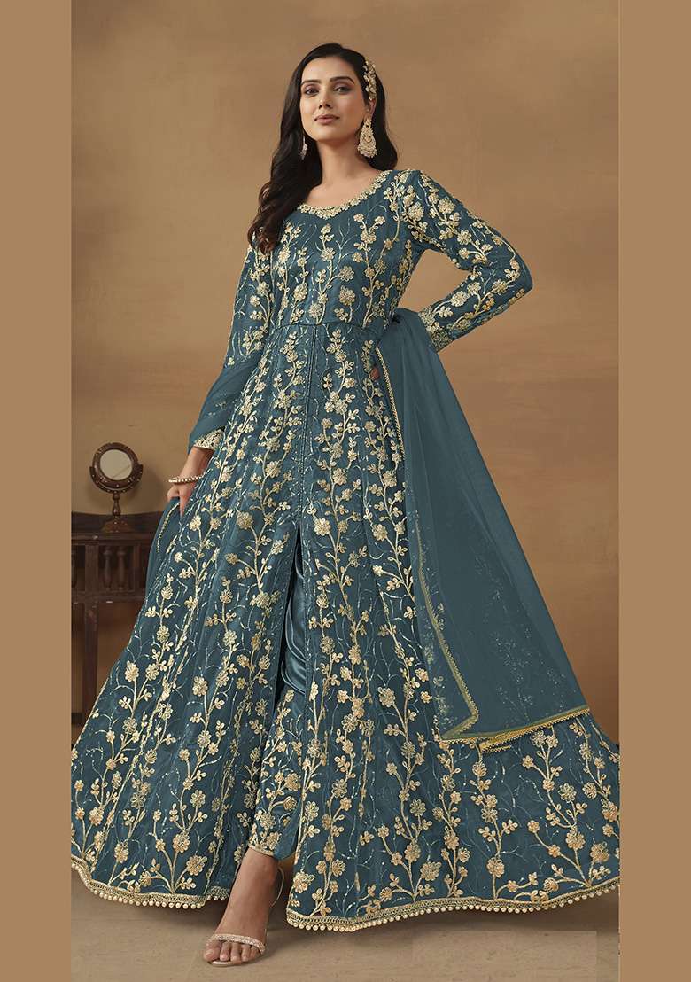 Dark Grey Embroidered Net Sharara Set - Indya