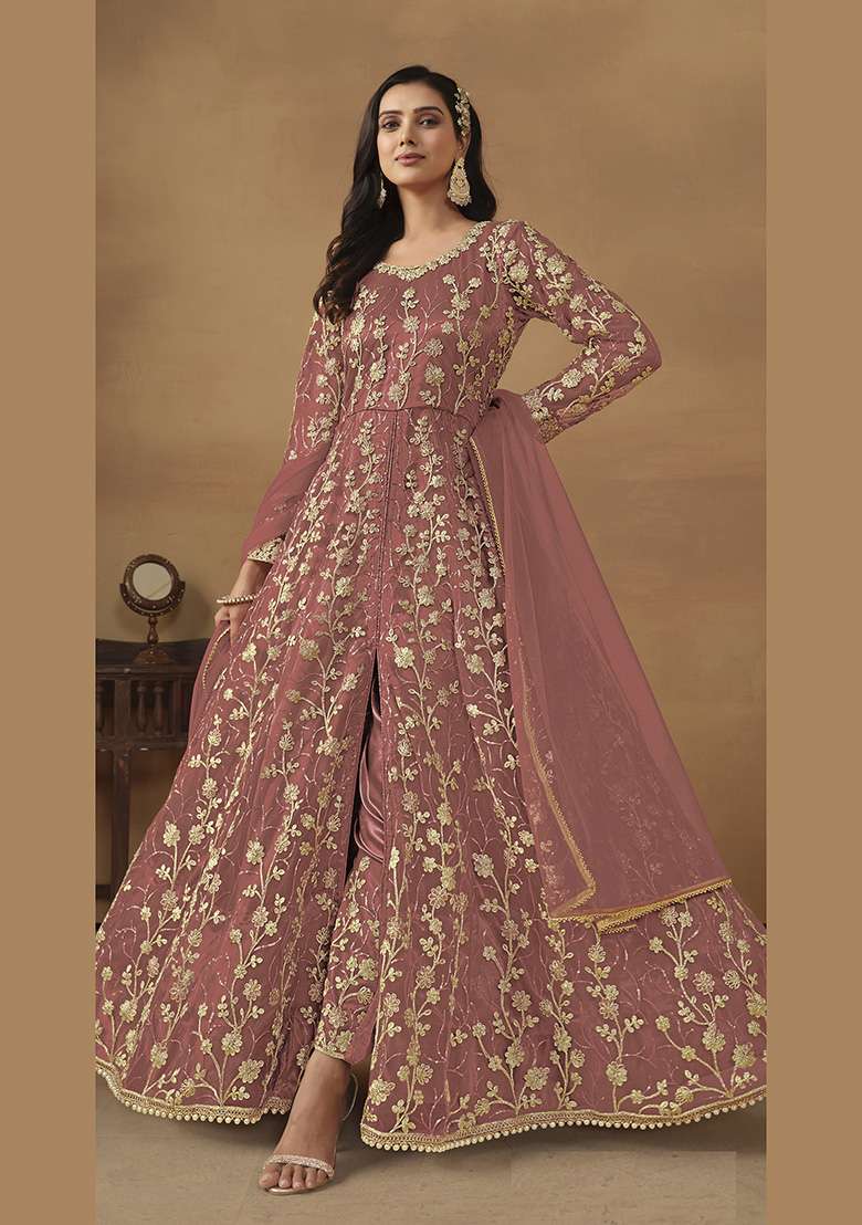 Peach Embroidered Net Anarkali Set - Indya