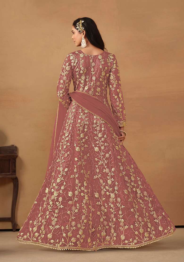 Peach Embroidered Net Anarkali Set - Indya