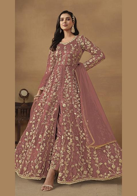 Peach Embroidered Pure Net Anarkali Kurta Set