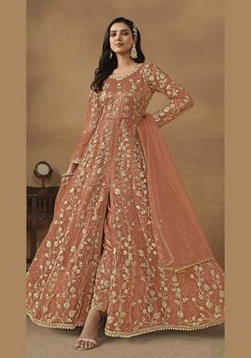 Orange Embroidered Pure Net Anarkali Kurta Set