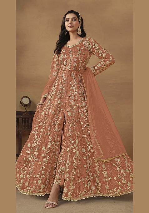 Orange Embroidered Pure Net Anarkali Kurta Set