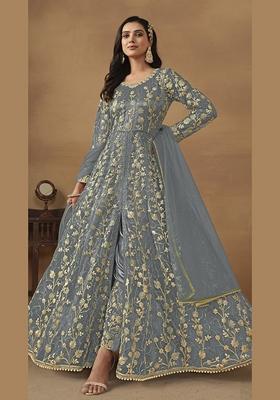 Grey Embroidered Pure Net Anarkali Kurta Set