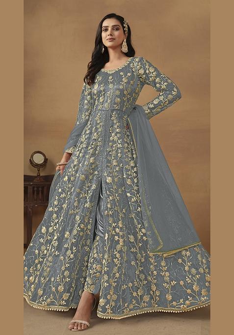 Grey Embroidered Pure Net Anarkali Kurta Set