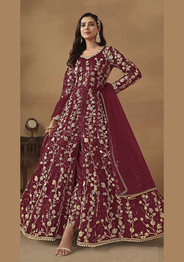 Wine Embroidered Net Sharara Set - Indya