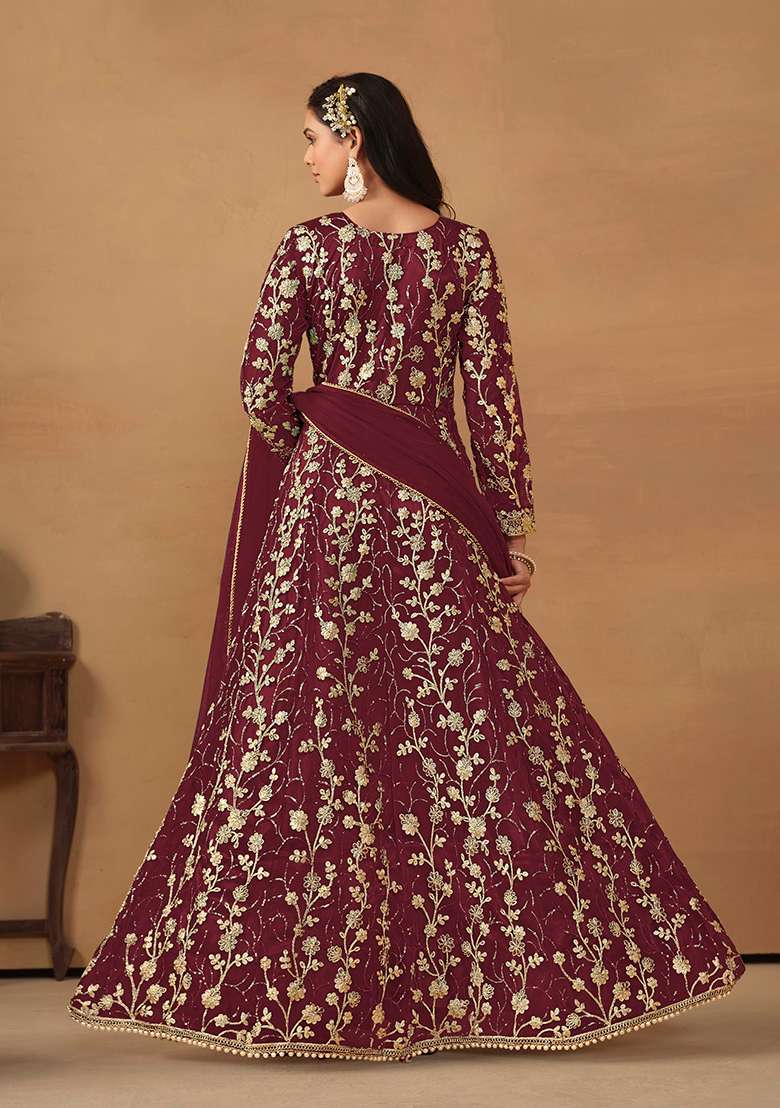 Wine Embroidered Net Sharara Set - Indya