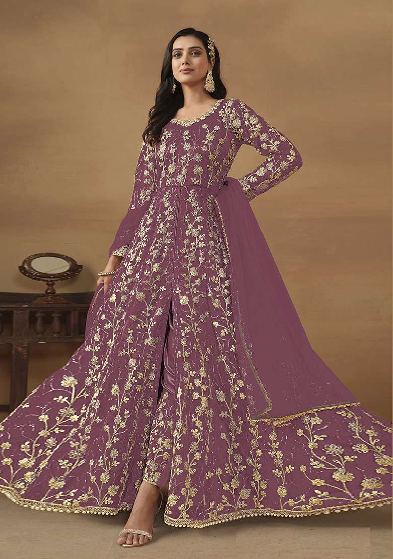 Lavender Embroidered Net Sharara Set - Indya