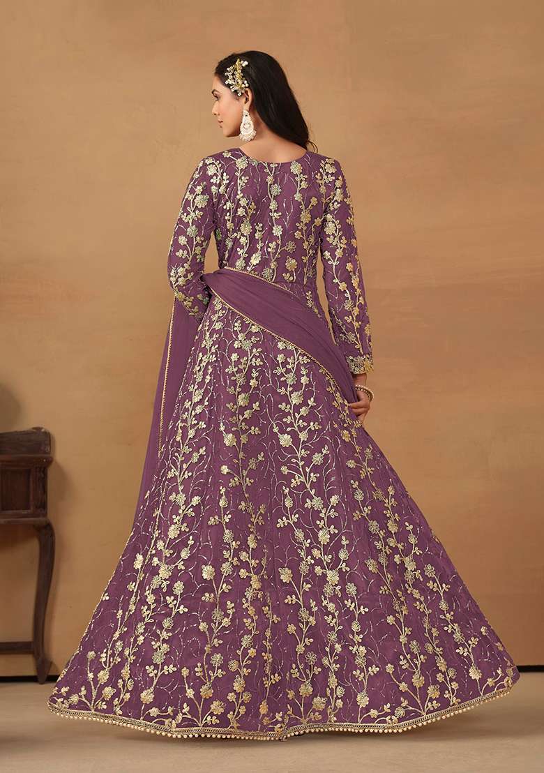 Lavender Embroidered Net Sharara Set - Indya