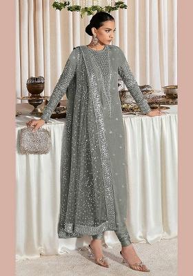 Olive Embroidered Faux Georgette Kurta Set