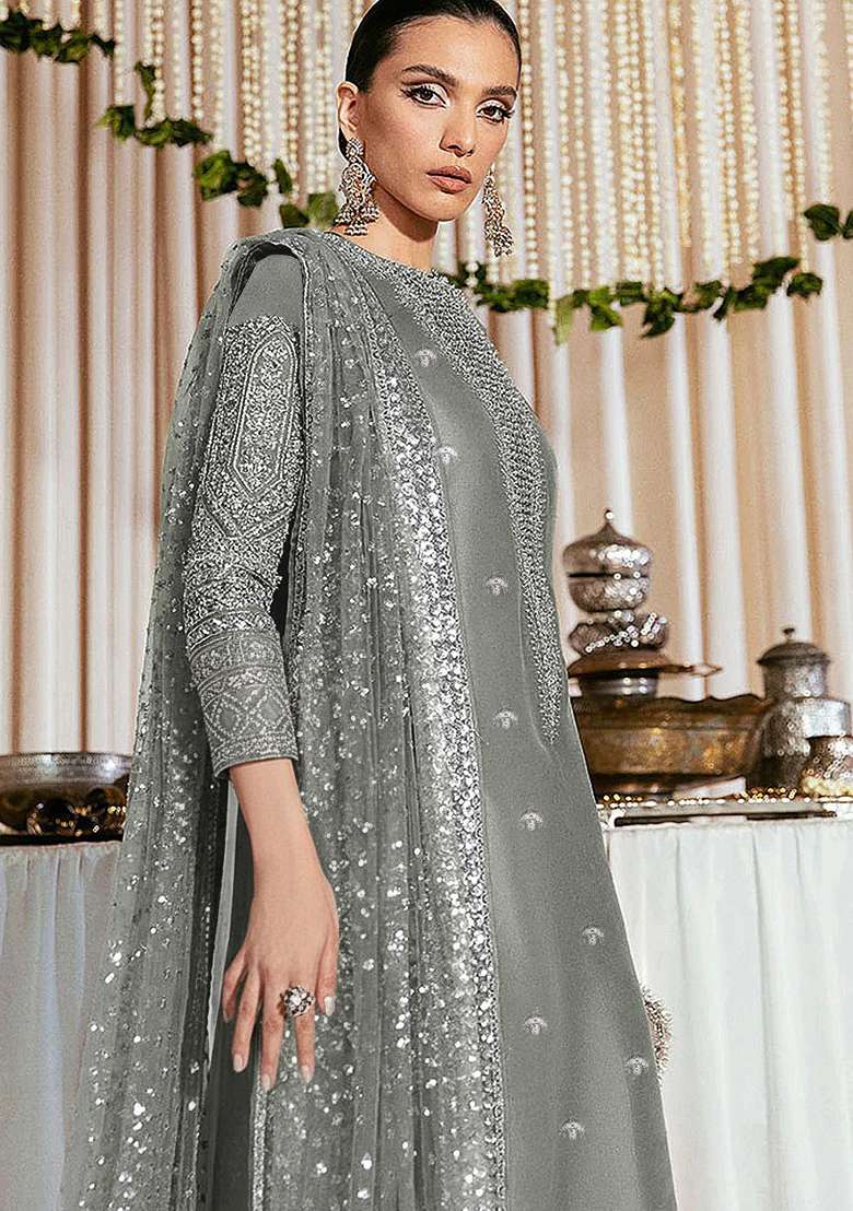 Olive Embroidered Faux Blooming Pakistani Suit Set - Indya