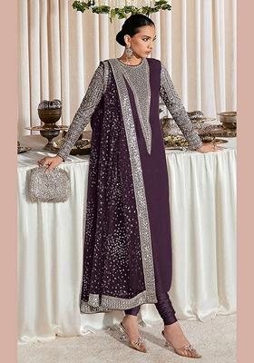Wine Embroidered Faux Georgette Kurta Set