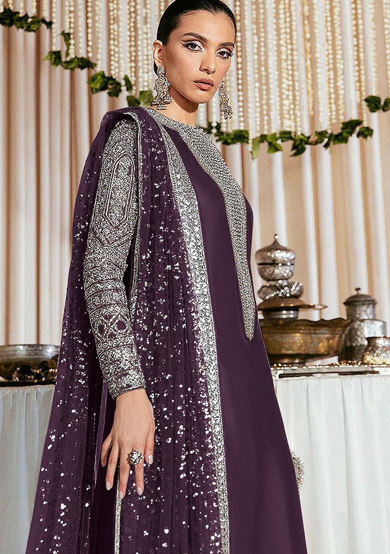 Wine Embroidered Faux Georgette Kurta Set - Indya