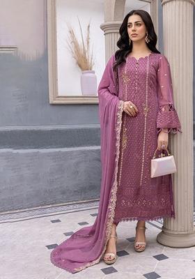 Purple Embroidered Faux Georgette Kurta Set
