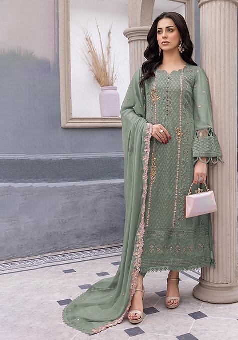 Light Green Embroidered Faux Georgette Kurta Set
