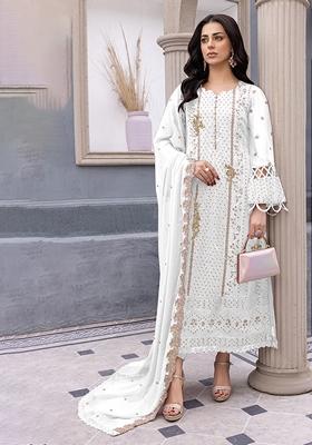White Embroidered Faux Georgette Kurta Set