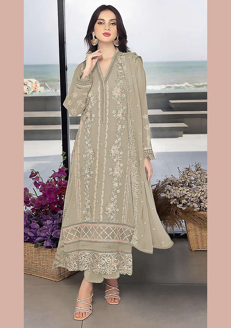 Light Brown Embroidered Faux Blooming Pakistani Suit Set - Indya