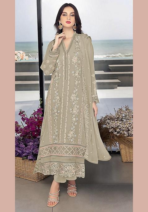 Light Brown Embroidered Faux Georgette Kurta Set