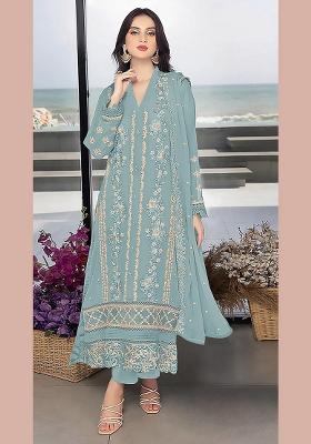 Sky Blue Embroidered Faux Georgette Kurta Set