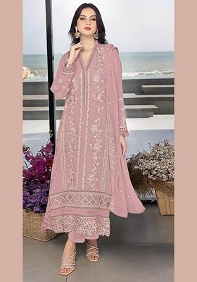 Pink Embroidered Faux Georgette Kurta Set