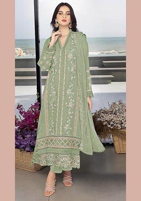 Light Green Embroidered Faux Georgette Kurta Set