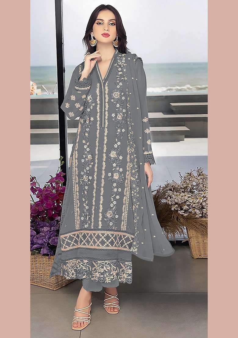 Grey Embroidered Faux Blooming Pakistani Suit Set - Indya