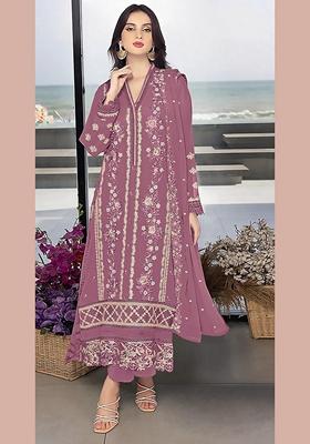 Purple Embroidered Faux Georgette Kurta Set