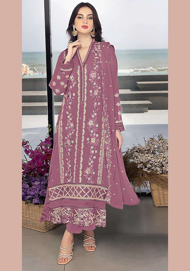 Purple Embroidered Faux Blooming Pakistani Suit Set - Indya