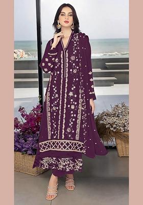Wine Embroidered Faux Georgette Kurta Set