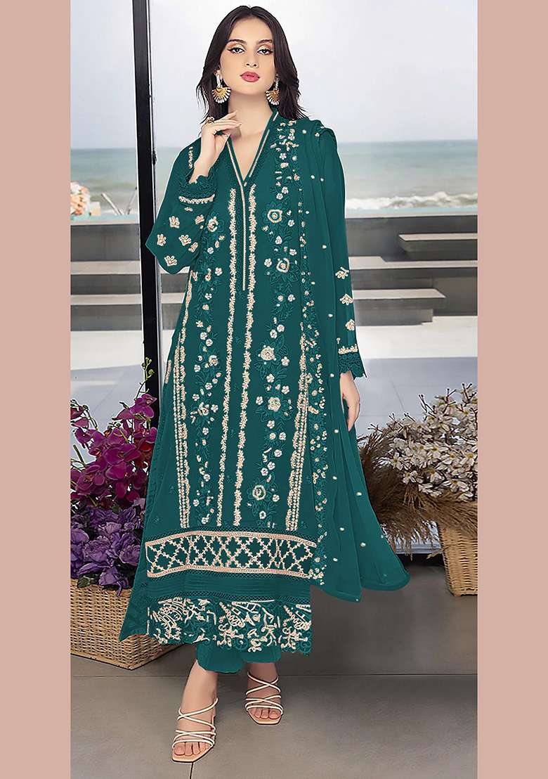 Teal Green Embroidered Faux Blooming Pakistani Suit Set - Indya