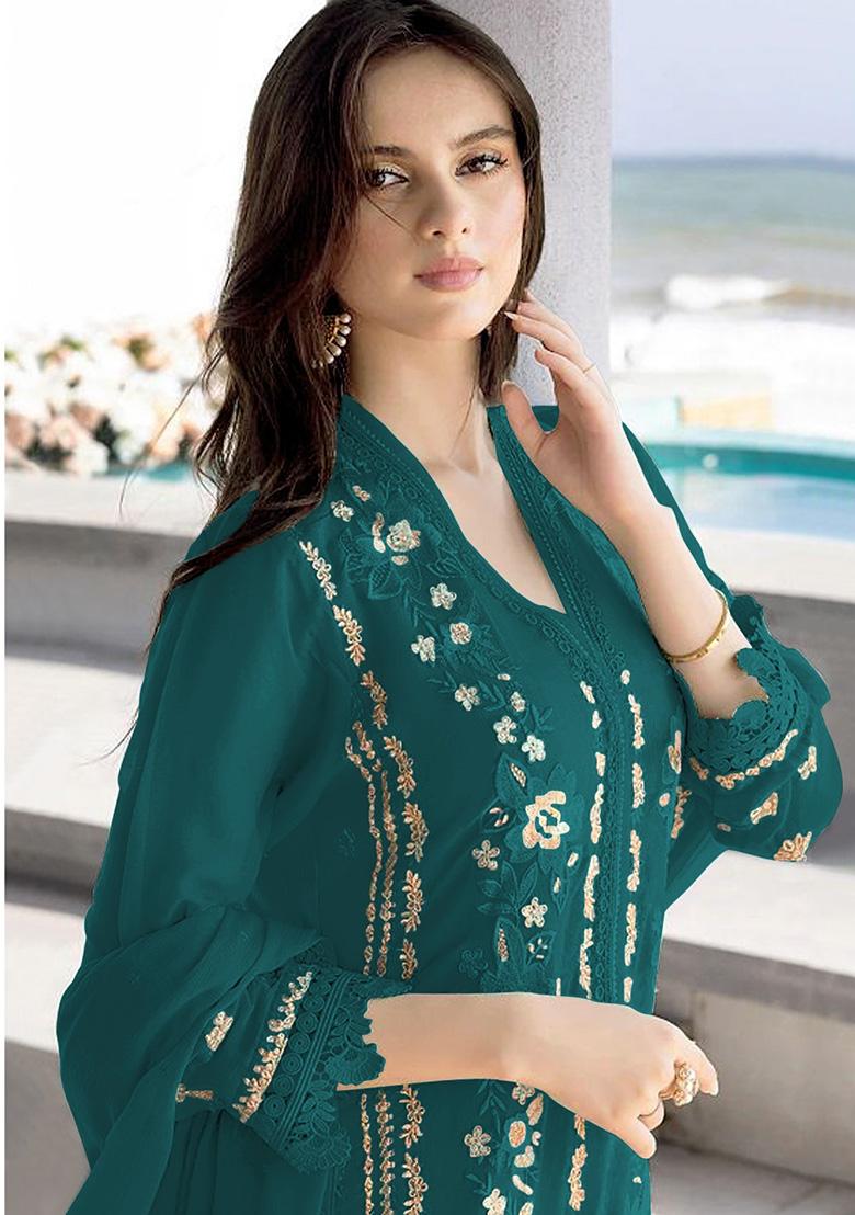 Teal Green Embroidered Faux Georgette Kurta Set