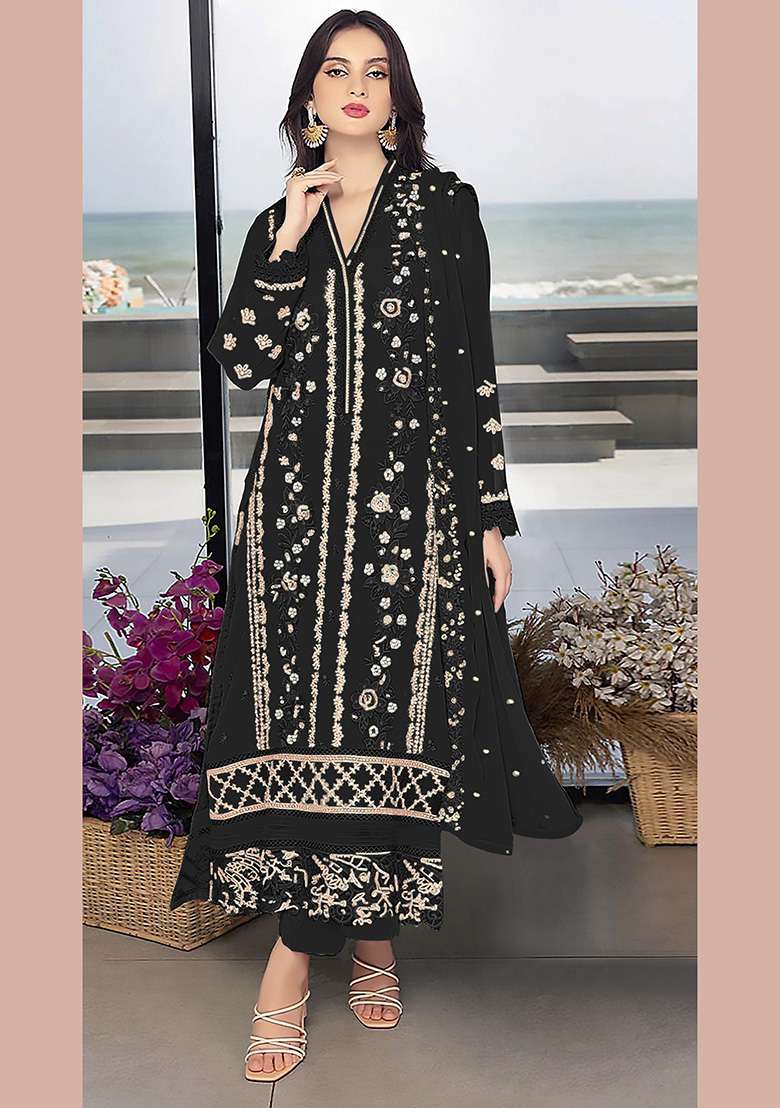 Black Embroidered Faux Blooming Pakistani Suit Set - Indya