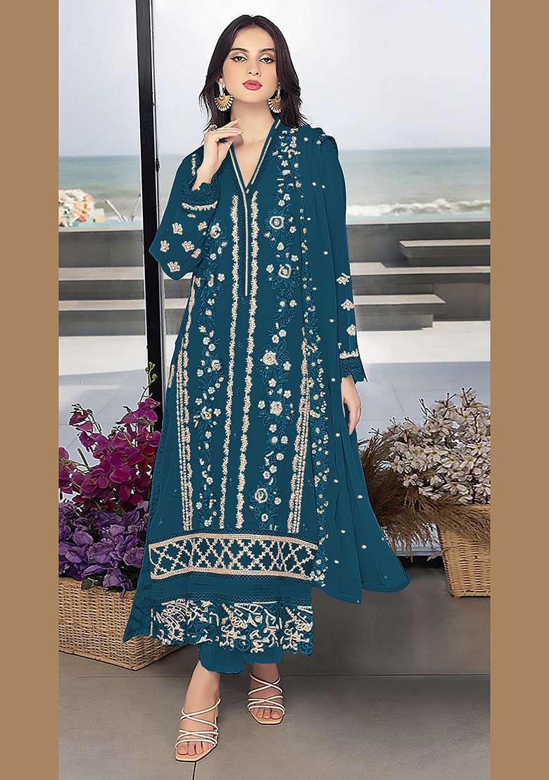 Teal Embroidered Faux Blooming A Line Kurta Set - Indya