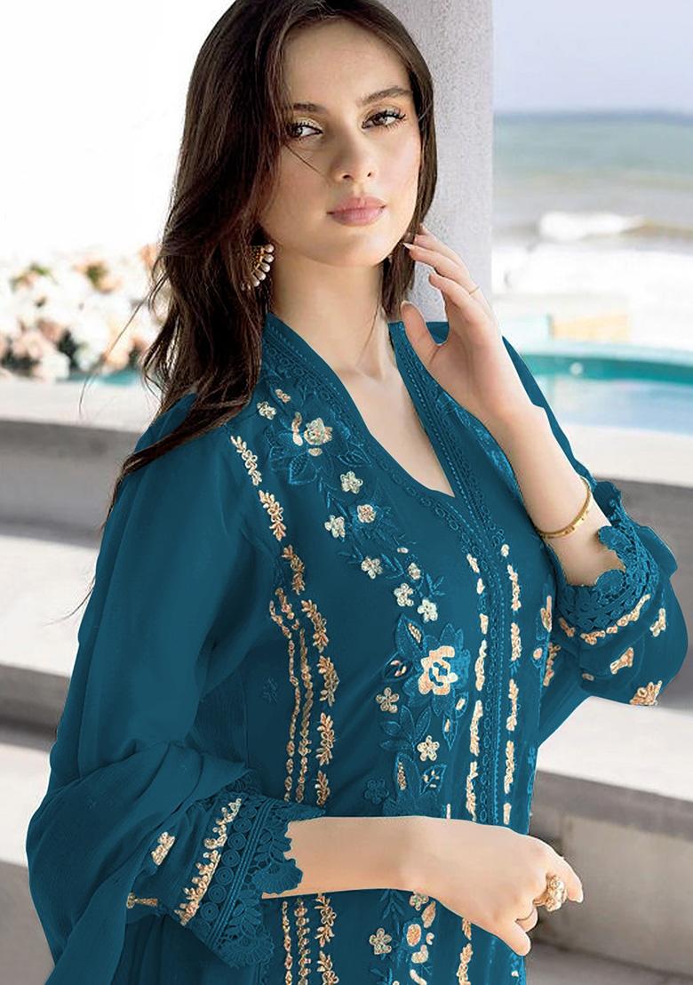 Teal Embroidered Faux Georgette Kurta Set
