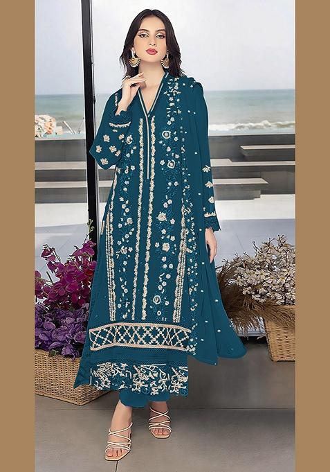 Teal Embroidered Faux Georgette Kurta Set